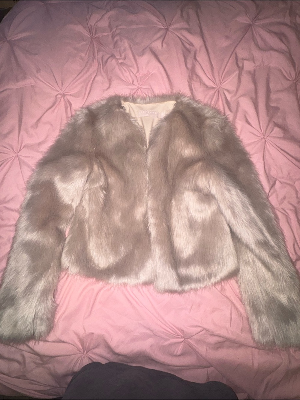 KEEPSAKE the Label Faux Fur Crop Jacket in Taupe
